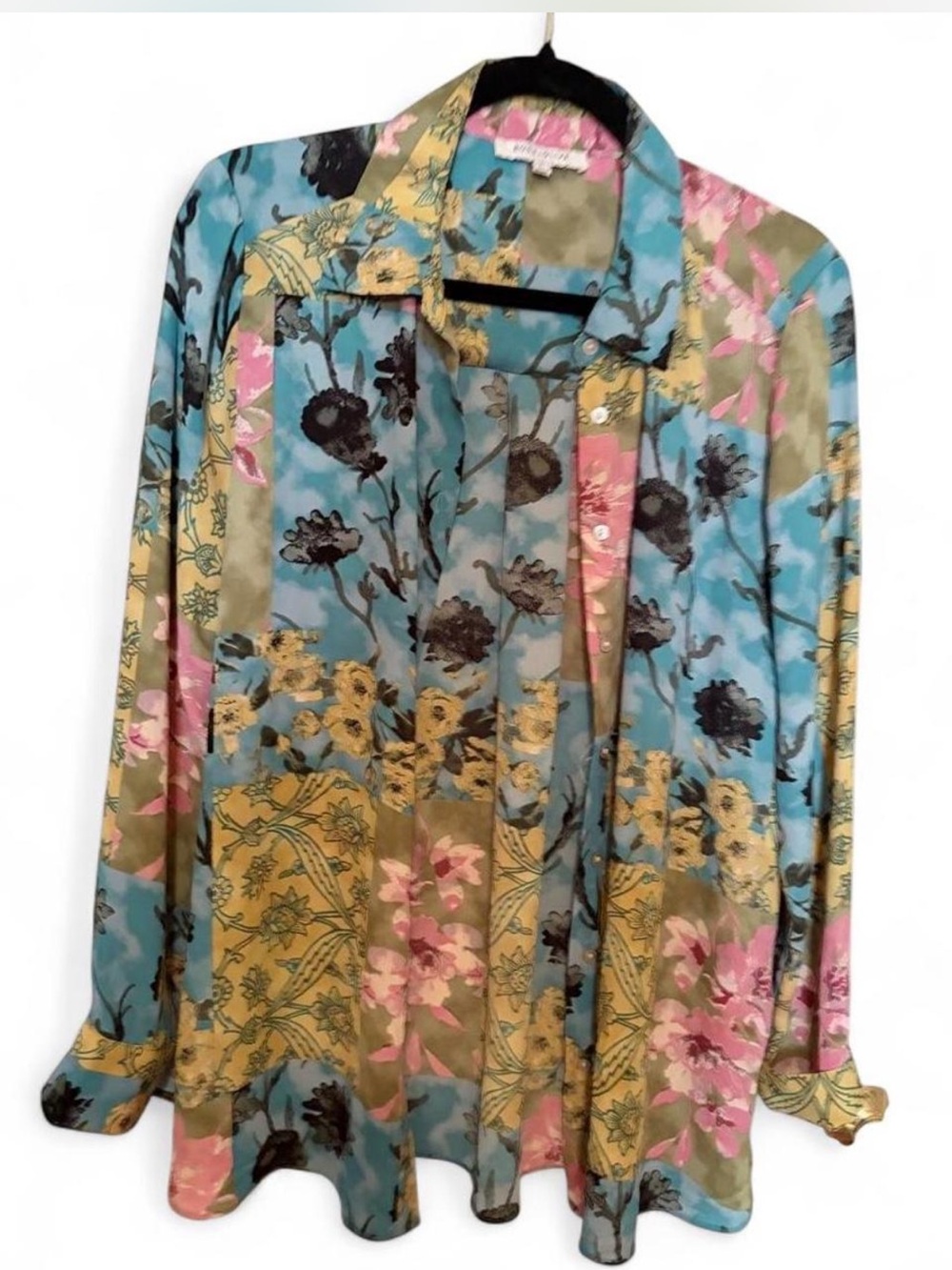 Rose & Olive Multicolor Floral Patchwork Tie-Front Button Shirt - Picture 3 of 7